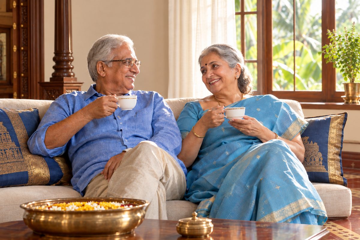 Elderly couple enjoying tea together in their Coimbatore home